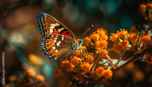Vibrant butterfly pollinates multi colored blossom in tranquil springtime scene generated by AI