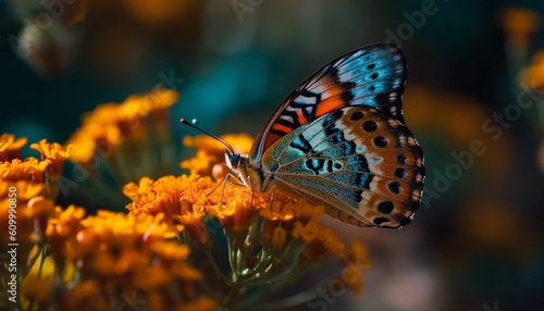 Vibrant lepidoptera pollinate yellow flower in tranquil springtime outdoors generated by AI