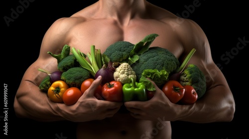 Muscular man standing with healthy food. Generative AI