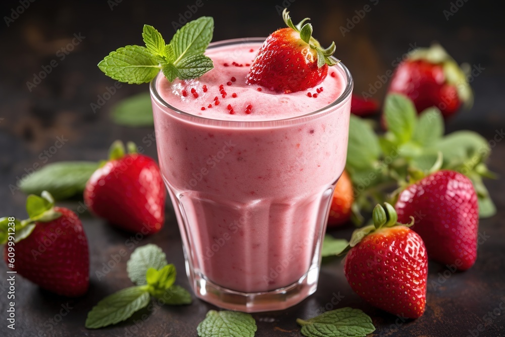 Glass of fresh strawberry milkshake, smoothie and fresh strawberries on pink. Healthy food and drink concept. Generative AI Glass of fresh strawberry milkshake, smoothie and fresh strawberries on pink. Healthy food and drink concept. Generative AI