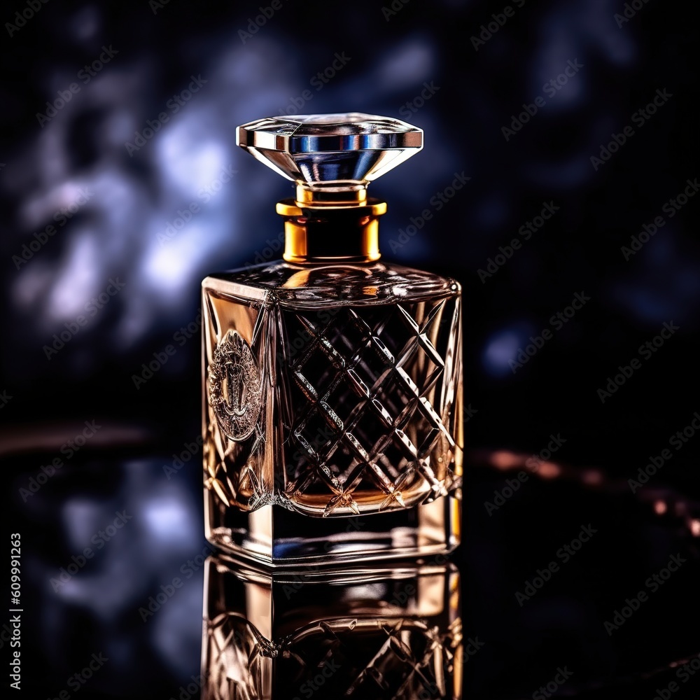 Transparent glass cosmetic perfume bottle in the blue water . Generative AI Transparent glass cosmetic perfume bottle in the blue water . Generative AI