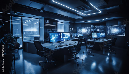Modern office design with bright lighting, computer equipment and futuristic architecture generated by AI