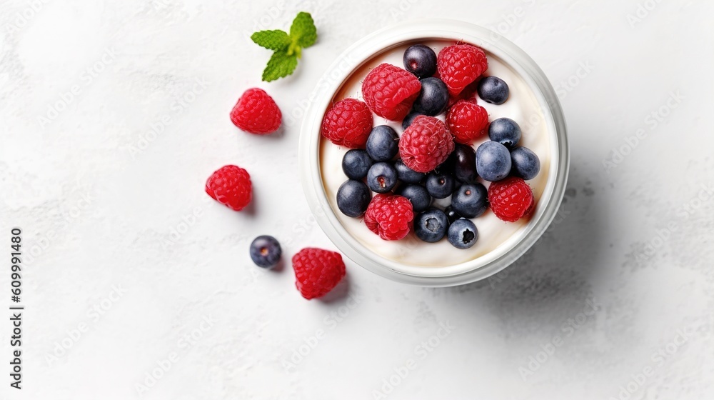 Yogurt with forest berries in bowl on white wooden table Generative AI Yogurt with forest berries in bowl on white wooden table Generative AI