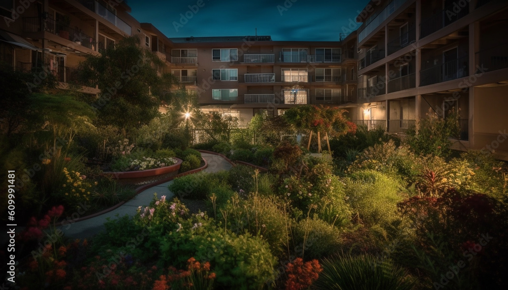 Fototapeta premium Modern building exterior illuminated by street lights at dusk generated by AI