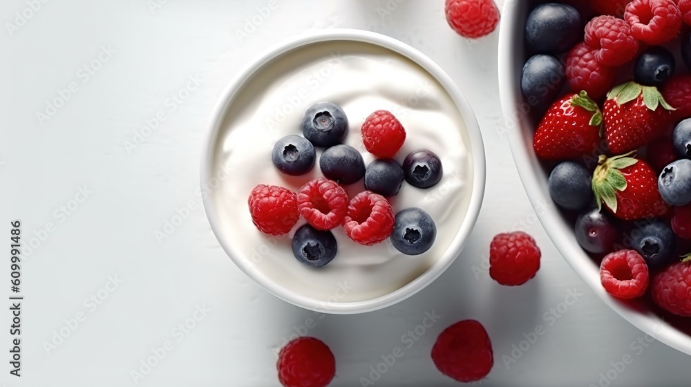 Yogurt with forest berries in bowl on white wooden table Generative AI Yogurt with forest berries in bowl on white wooden table Generative AI