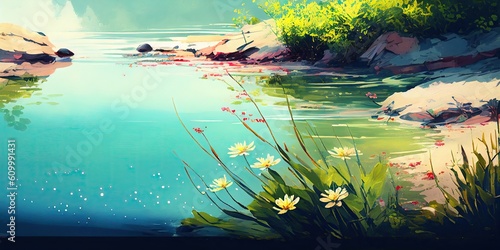 A stream on a southern island An everlasting summer paradise with an open mind Tropical colors Abstract, elegant and modern illustrations generated by AI © SJYG
