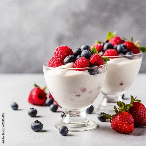 Wallpaper Mural Yogurt with forest berries in bowl on white wooden table Generative AI Torontodigital.ca