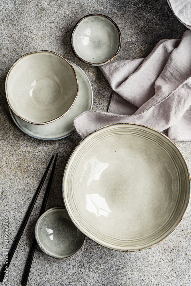 From above grey ceramic tableware From above grey ceramic tableware