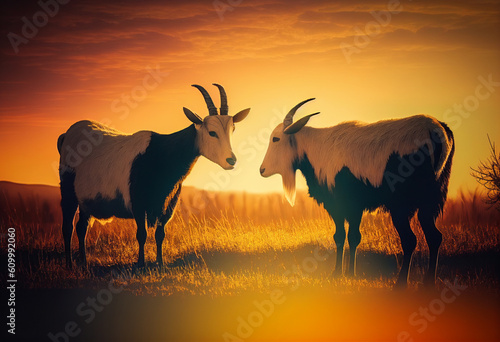 Two goats grazing in the field side view, sunset. AI Generated