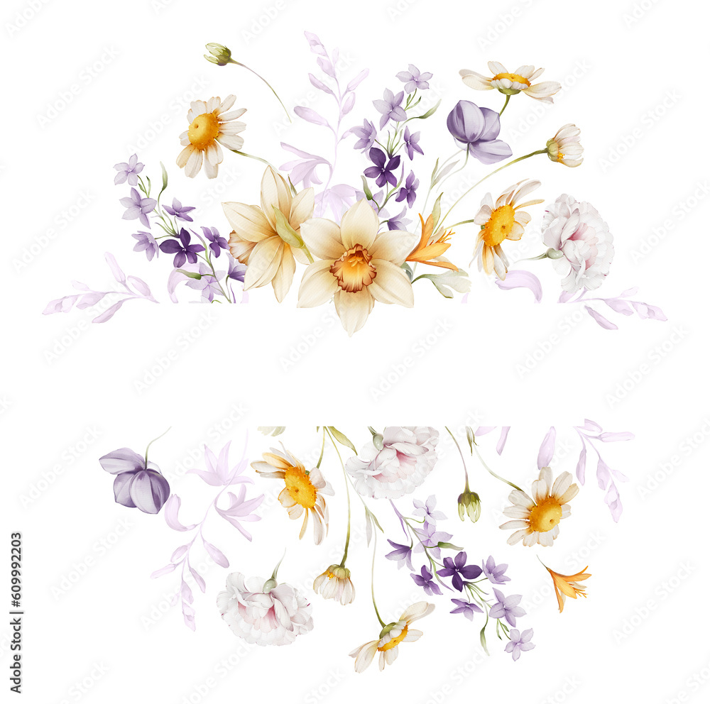 Floral frame with wildflowers on white background