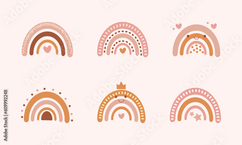 Set of rainbow in boho style in pastel colors. Hand drawn cartoon rainbow icons for kids posters, wrapping, textile, wallpaper, prints, fabric. Vector illustration elements