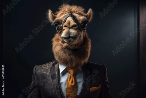 Portrait of a Camel dressed in a formal business suit, created with generative AI