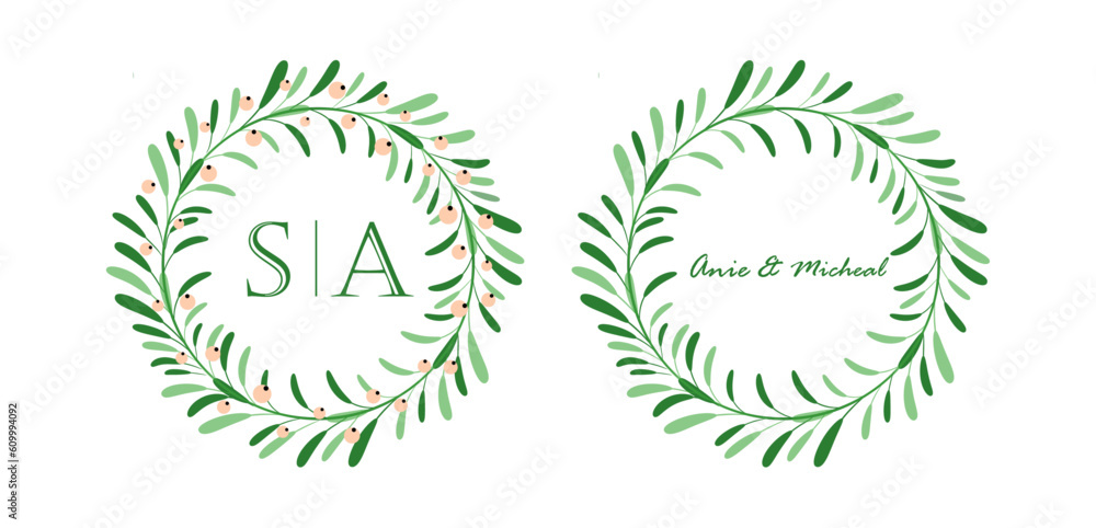 Pre-made frame, floral wreath with green leaf branches. Wedding ornament concept. Floral poster, invite. Decorative greeting card, invitation design background, birthday party Pre-made frame, floral wreath with green leaf branches. Wedding ornament concept. Floral poster, invite. Decorative greeting card, invitation design background, birthday party