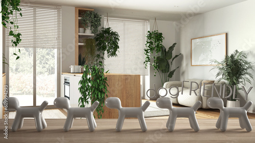 Wooden table top or shelf with line of stylized dogs, dog friendly concept, love for animals, animal dog proof home, kitchen and living room, plants, urban jungle interior design © ArchiVIZ