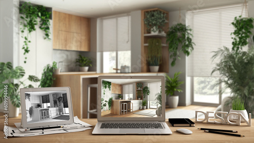 Architect designer desktop concept, laptop and tablet on wooden desk with screen showing interior design project and CAD sketch, blurred background, minimal modern kitchen