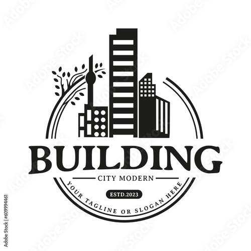 High rise building design inspiration in stamp form, round vintage retro design vector