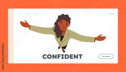 Confident Landing Page Template. African American Woman Gazes Upwards With Arms Outstretched, Vector Illustration