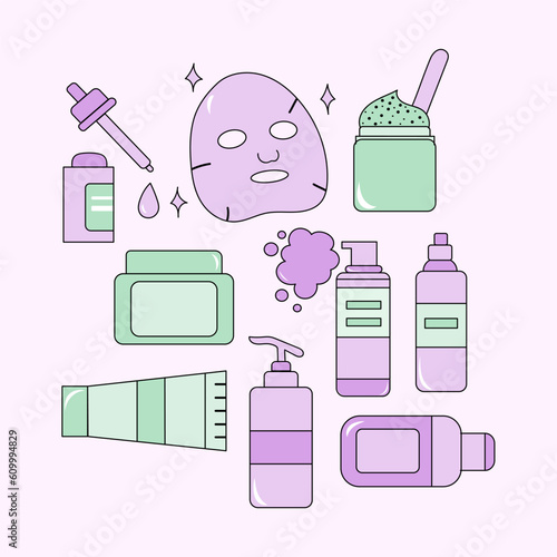 illustration Vector Network Cosmetics Bank Cream Mask Beautician Purple Green cream shampoo Dispenser Face Cream Facial Oil Serum