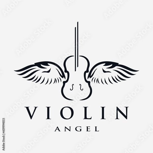 Illustration of a two-winged bird violin musical instrument, vintage design can be used as a music logo