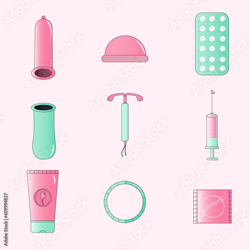 Free vector illustration image Concept of contraceptive method sprotection contraception prevention protection woman set icons
