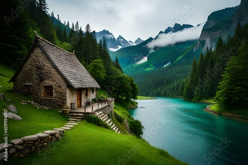 A beautiful house of exterior on top of mountain surrounded with beautiful landscapes, Ai Generated 