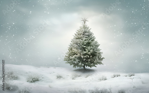 Snow falling on a Christmas tree with a star on top, sitting by itself on a snowy hill, Generative AI