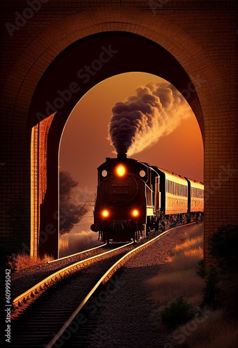 The train passes over a beautiful arched bridge at sunset. AI Generated