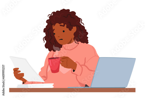 Multitasking Woman Enjoys Quiet Moment As She Reads The Paper And Sips Coffee At Her Desk, Accompanied By Her Laptop