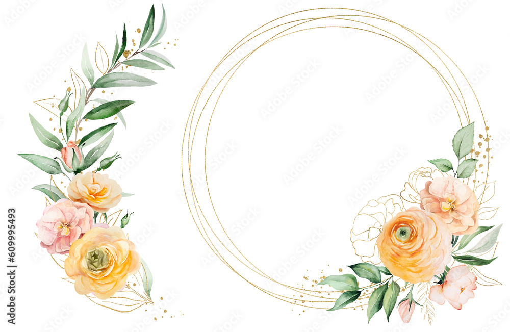 Frame and bouquet made with orange and yellow watercolor flowers and green leaves, illustration