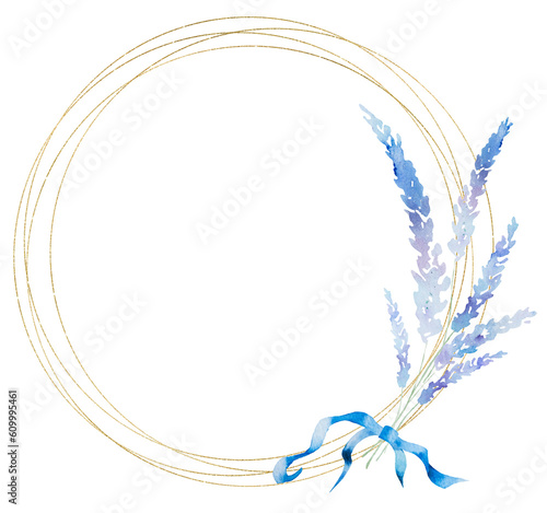 Frame with of watercolor lavender flowers bouquet with a ribbon bow, summer wedding illustration