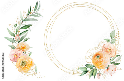 Frame and bouquet made with orange and yellow watercolor flowers and green leaves, illustration