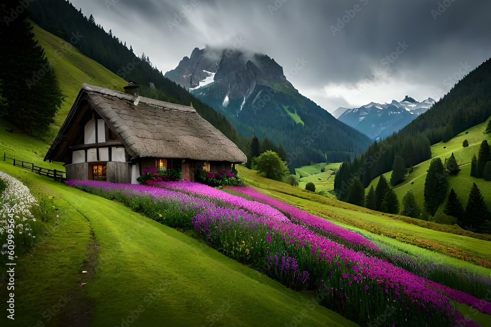Obraz premium A beautiful house of exterior on top of mountain surrounded with beautiful landscapes, Ai Generated 