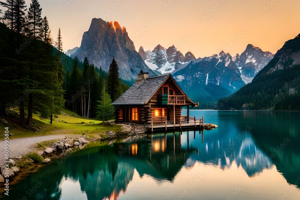 Fototapeta premium A beautiful house of exterior on top of mountain surrounded with beautiful landscapes, Ai Generated 