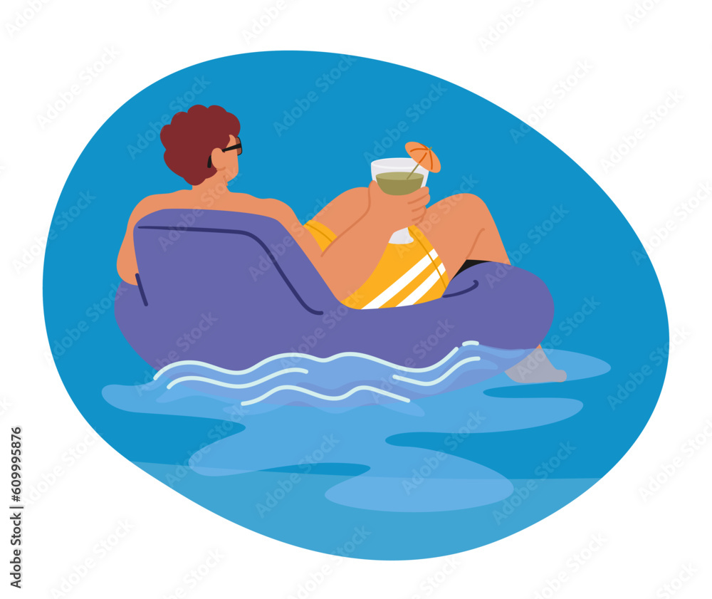 Fototapeta premium Relaxed Man Enjoying A Refreshing Cocktail While Floating On An Inflatable Ring In A Pool Or Beach Setting
