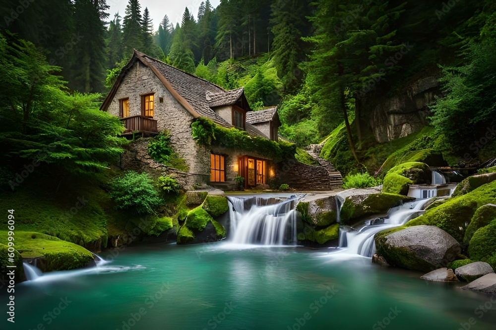 A beautiful house of exterior on top of mountain surrounded with beautiful landscapes, Ai Generated A beautiful house of exterior on top of mountain surrounded with beautiful landscapes, Ai Generated