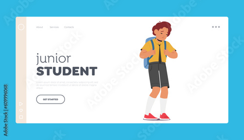 Junior Student Landing Page Template. Unhappy School Boy Character, Displaying Signs Of Sadness, Vector Illustration