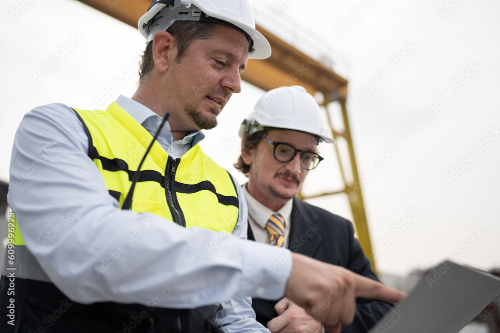 Portrait two caucasian engineer man working with notebook computer at precast site work Portrait two caucasian engineer man working with notebook computer at precast site work