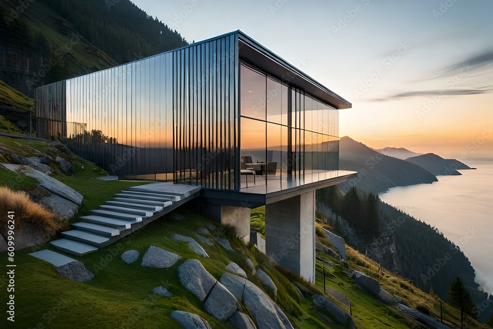 Obraz premium A beautiful house of exterior on top of mountain surrounded with beautiful landscapes, Ai Generated