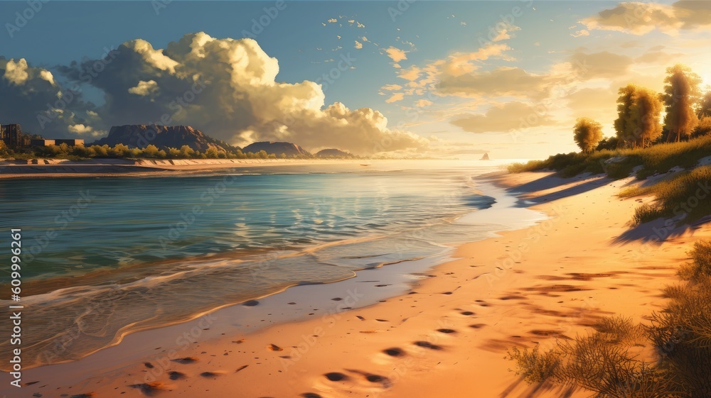 Sandy shores: Images depict picturesque beaches with golden or white sand, inviting viewers to imagine the feeling of warm sand between their toes. Generative AI