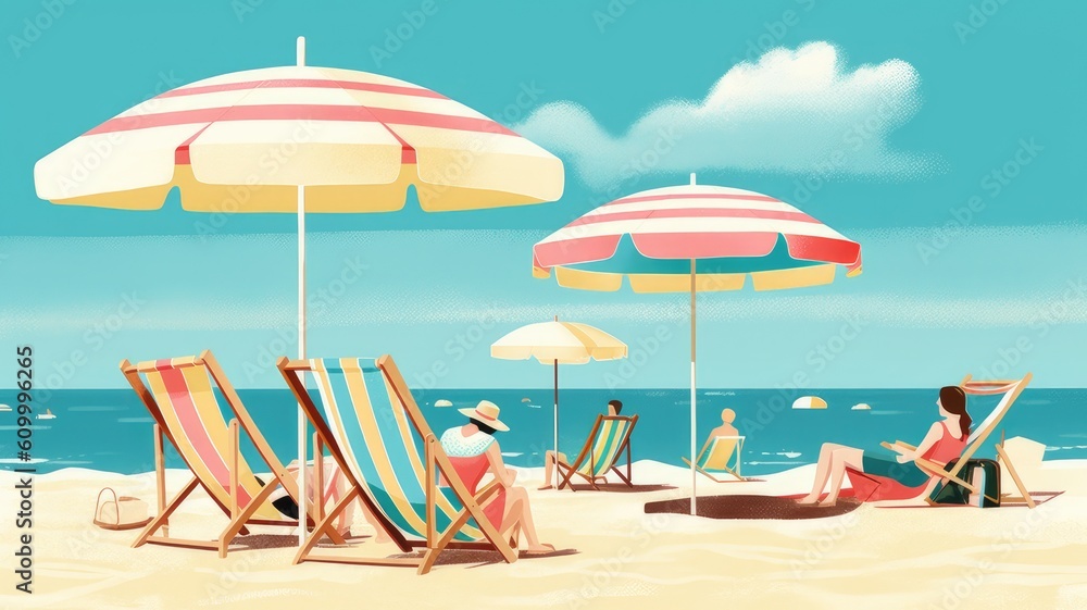 Relaxation and leisure: Illustrations showcase beach chairs, umbrellas, and people enjoying leisure activities like sunbathing, swimming, or playing beach games. Generative AI