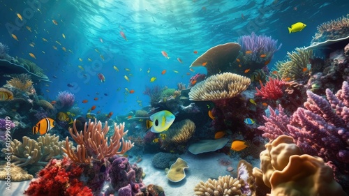 Coral reefs: Images depict vibrant coral reefs teeming with colorful fish and other marine creatures, showcasing the diversity and beauty of underwater ecosystems. Generative AI