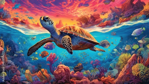 Marine biodiversity: Illustrations showcase various species of fish, sea turtles, and other underwater creatures, highlighting the richness and complexity of marine ecosystems. Generative AI © Now