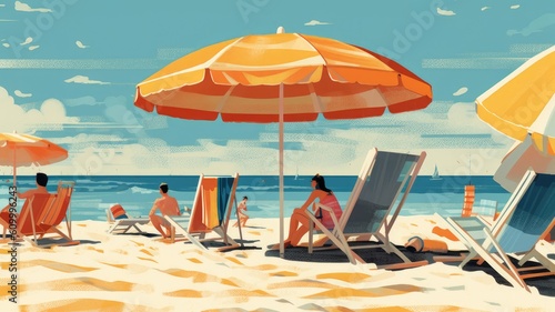 Relaxation and leisure: Illustrations showcase beach chairs, umbrellas, and people enjoying leisure activities like sunbathing, swimming, or playing beach games. Generative AI