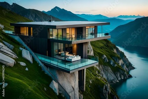 A beautiful house of exterior on top of mountain surrounded with beautiful landscapes  Ai Generated 