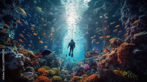 Fotografie, Obraz Scuba diving: Images depict divers exploring colorful coral reefs or underwater caves, showcasing the wonder and beauty of the underwater world