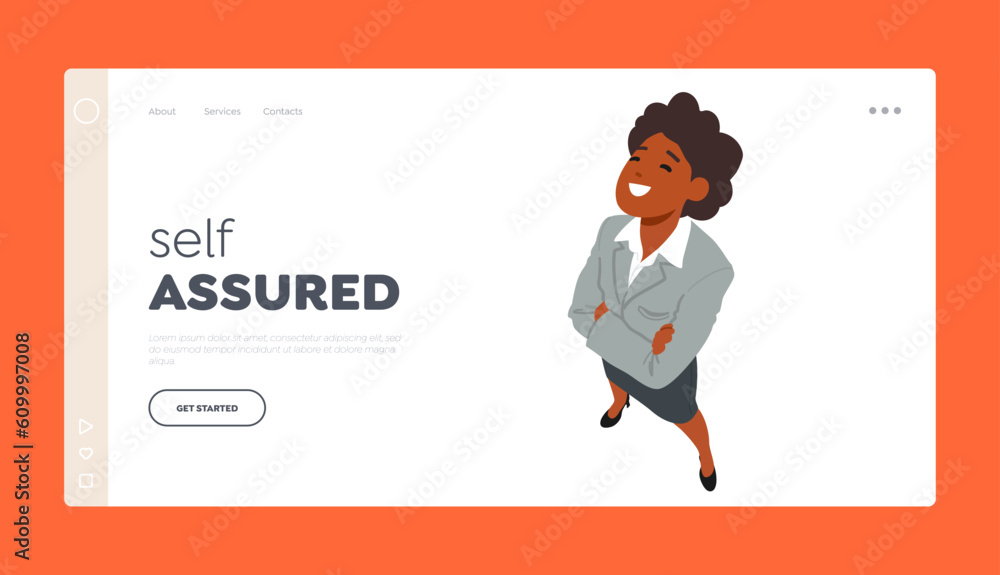 Self Assured Landing Page Template. African American Female Character Looking Up Top View. Smiling Woman Stares Upwards Self Assured Landing Page Template. African American Female Character Looking Up Top View. Smiling Woman Stares Upwards