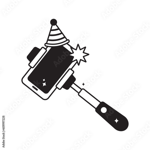 Selfie stick doodle vector outline Sticker. EPS 10 file
