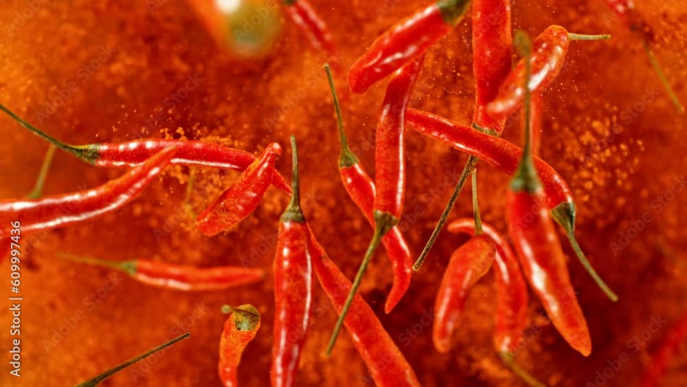 Super slow motion of flying and rotating red chilli peppers. Filmed on high speed cinema camera, 1000 fps, placed on high speed cine bot, following the target. Black background. Speed ramp effect.