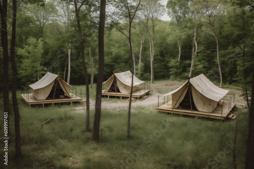 canvas travel glamping luxury light tent camping forest nature vacation. Generative AI. © SHOTPRIME STUDIO