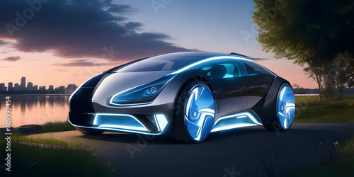 Sci-fi ecological car of the future in nature